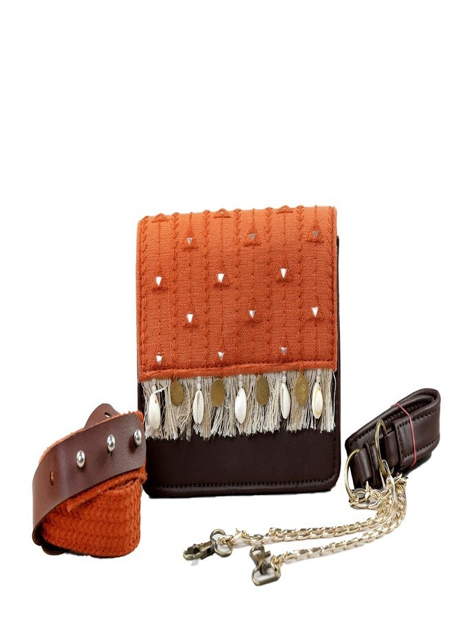 BHASTRA Boho Affair Sling and Waist Bag - Orange| Handloom Woven Cotton and Vegan Leather | 2 Belt and West Bag Fit Upto 42 inches and Detachable Sling Chain - Ideal For Gifting - Image 2